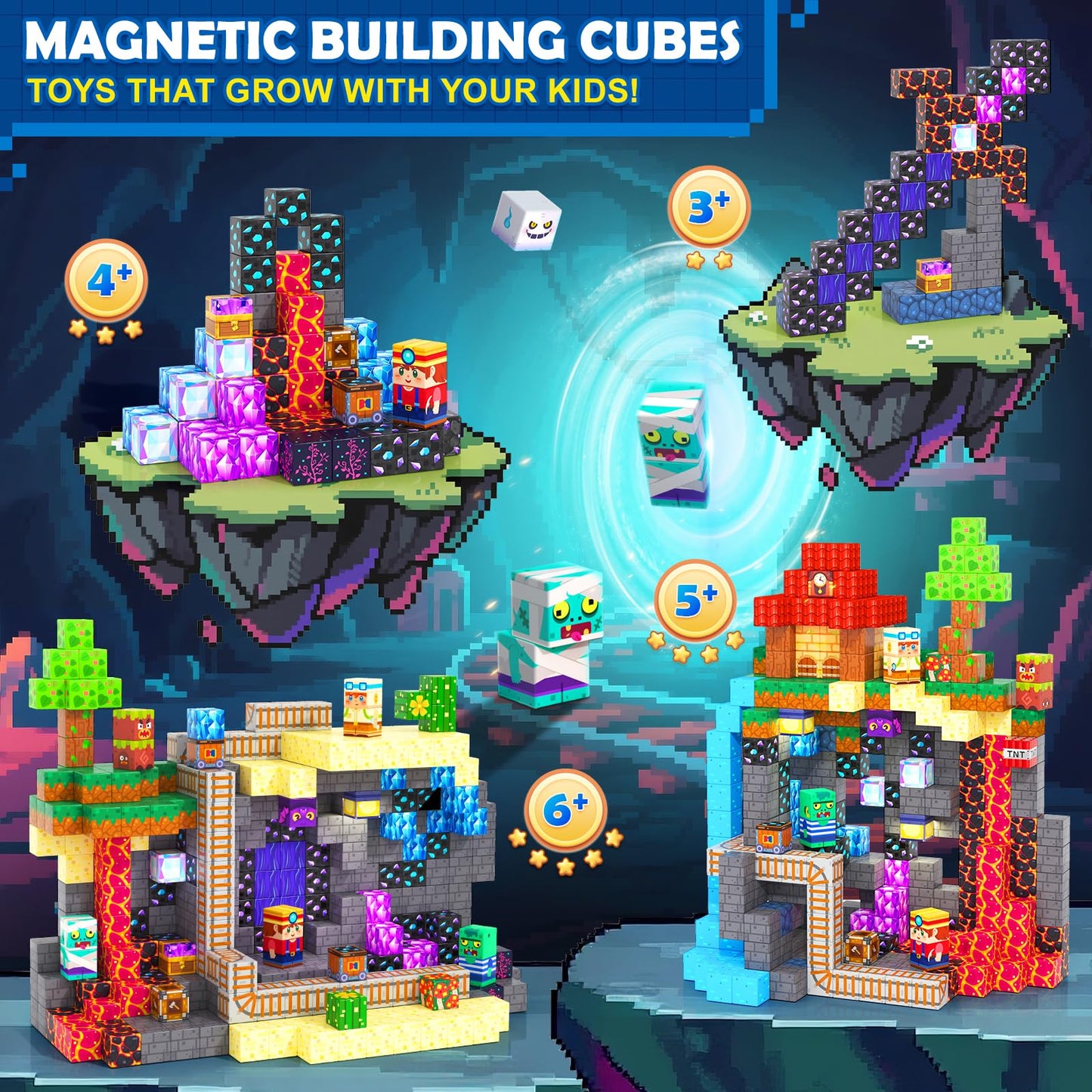 Coodoo Upgraded 200 PCS Magnetic Blocks 3 Worlds in 1 Stem Toys for 3-5 Year Olds Educational Learning Toys