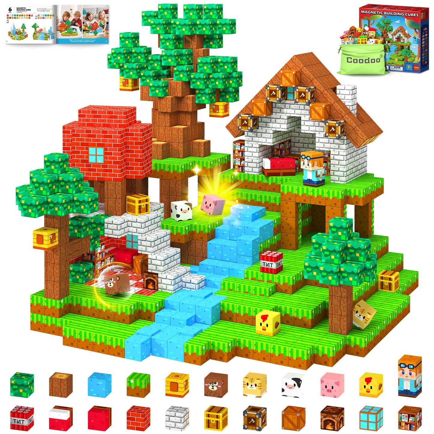 Coodoo 100 PCS Magnetic Blocks Forest Adventure Set Building Toys Stem Classroom Must Haves Gifts for Kids