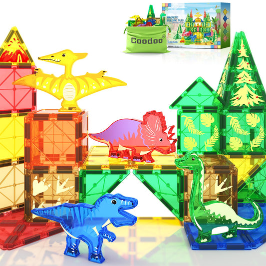 Coodoo Magnetic Tiles Dinosaur Toys Lava World Set 48 PCS STEM Sensory Outdoor Toys for Toddlers