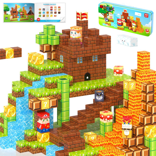 Coodoo Magnetic Blocks Travel Toys with Portable Metal Tin 40 PCS STEM Learning & Sensory Fun