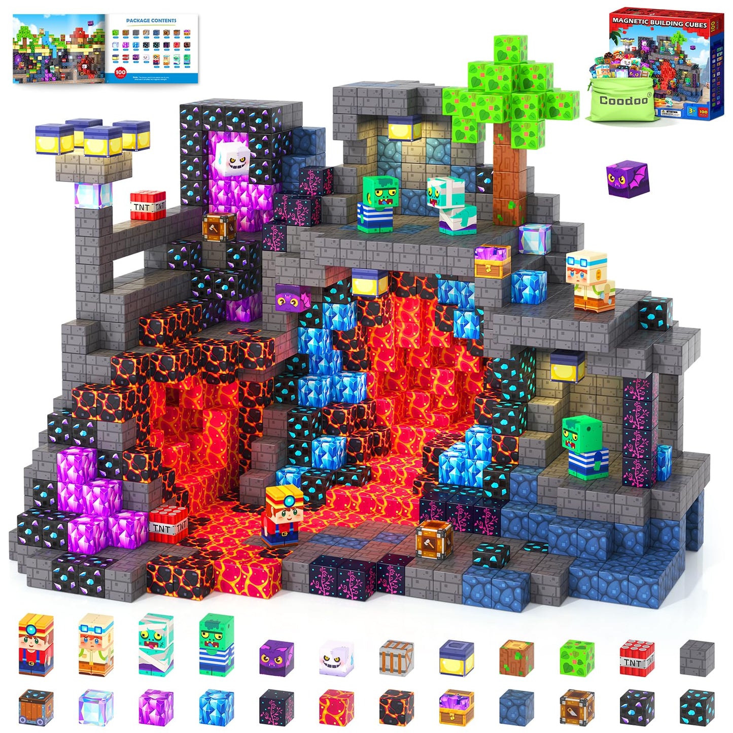 Coodoo 100 PCS Magnetic Blocks Mystic Mine Adventure Themed Learning and Educational Toys Christmas and Birthday gifts for Kids