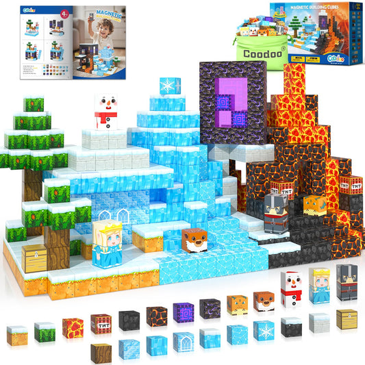 Coodoo 84 PCS Magnetic Blocks Frozen Castle & Lava Kingdom Two Worlds in One Toddler Montessori Toys Stem Building Blocks