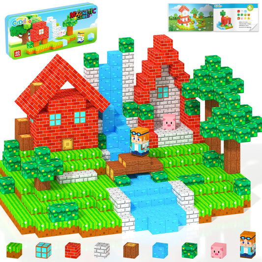 Coodoo Magnetic Blocks Travel Toys with Portable Metal Tin 40 PCS Forest Castle Set Holiday Gifts for Kids