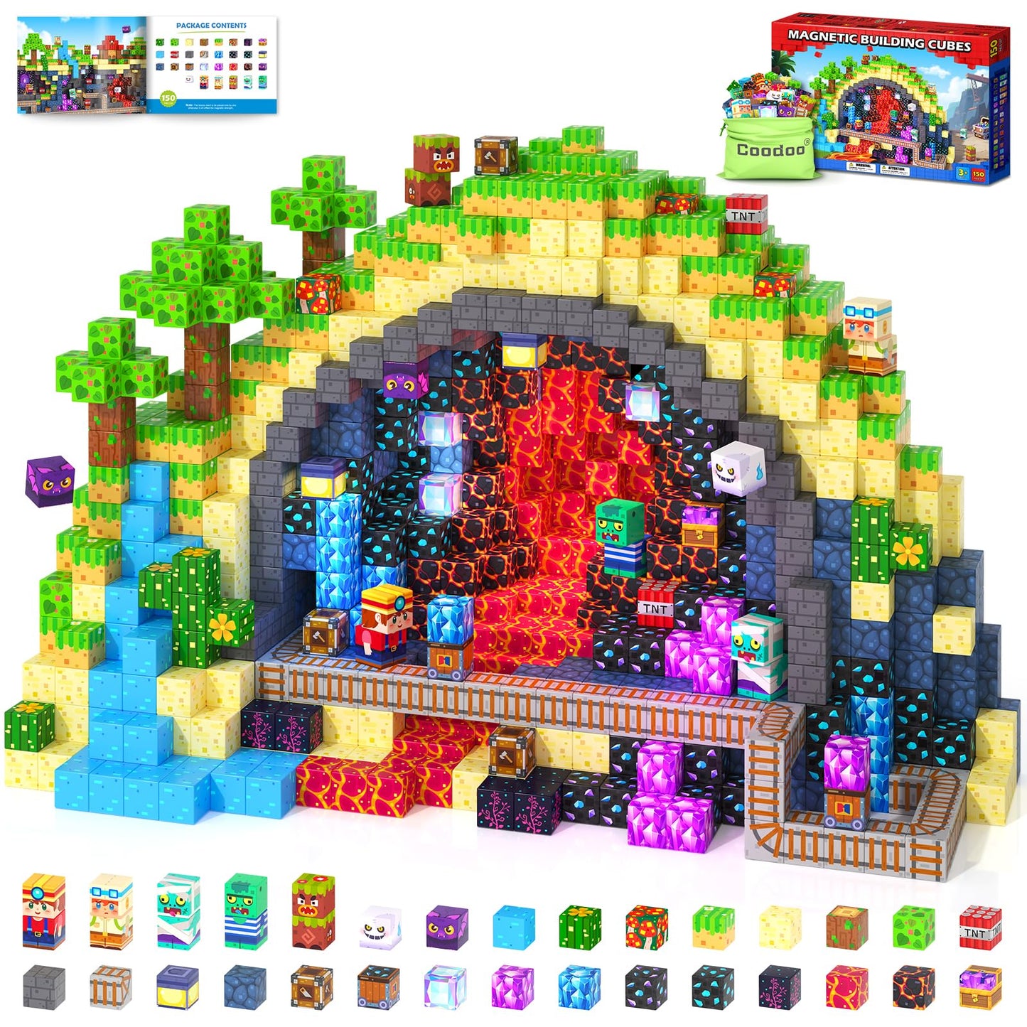 Coodoo 150PCS Magnetic Blocks Rainforest Mine Adventure Building Toys Stem Learning Blocks Gifts for Kids