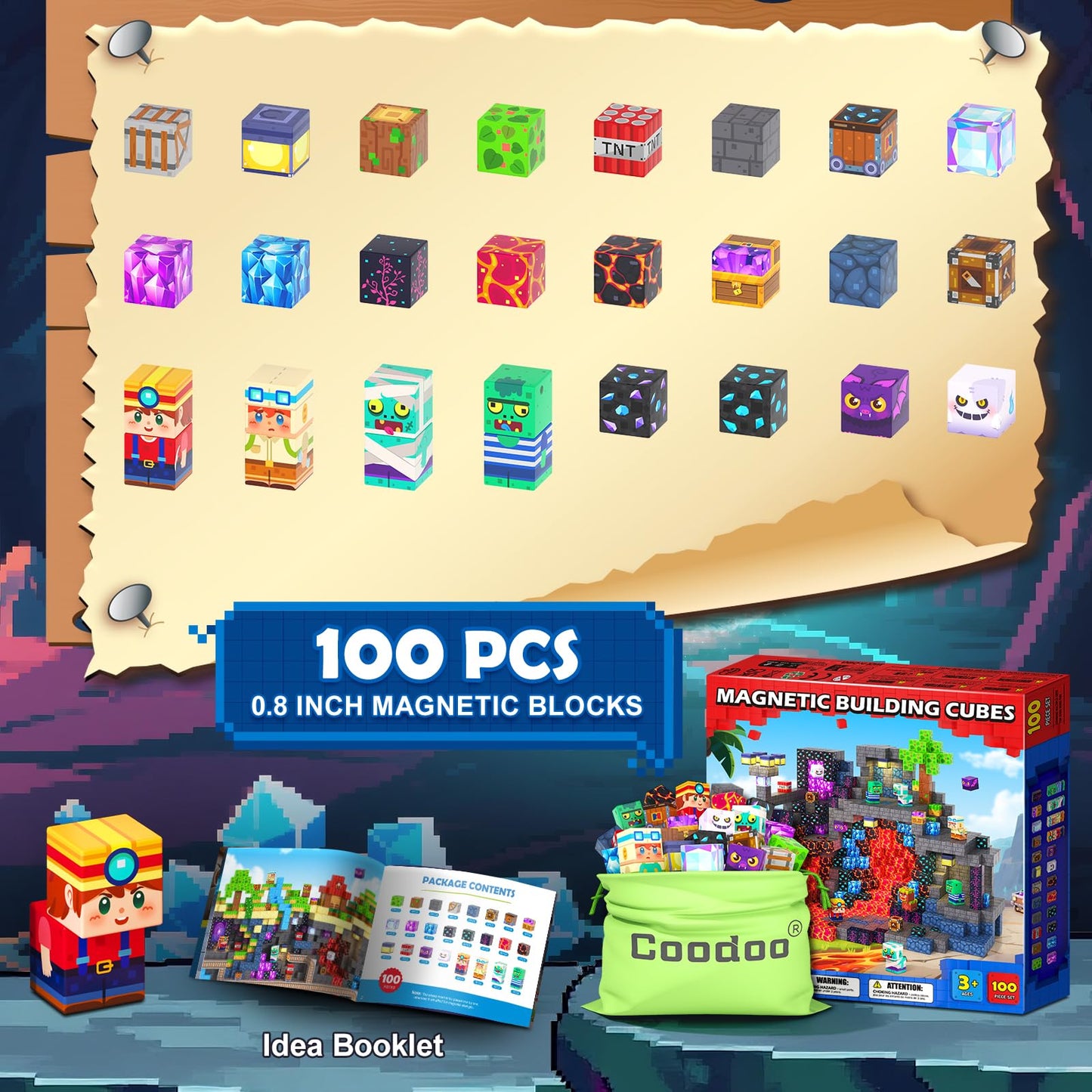 Coodoo 100 PCS Magnetic Blocks Mystic Mine Adventure Themed Learning and Educational Toys Christmas and Birthday gifts for Kids