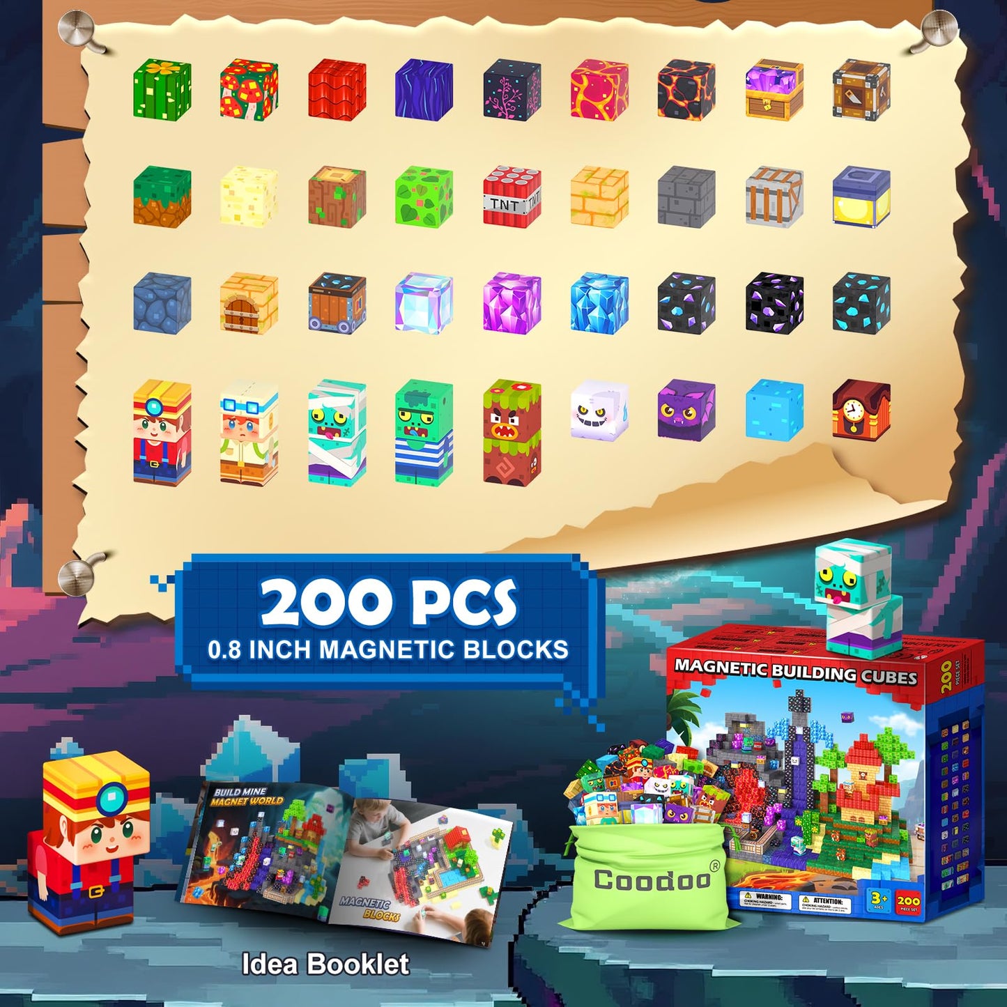 Coodoo Upgraded 200 PCS Magnetic Blocks 3 Worlds in 1 Stem Toys for 3-5 Year Olds Educational Learning Toys