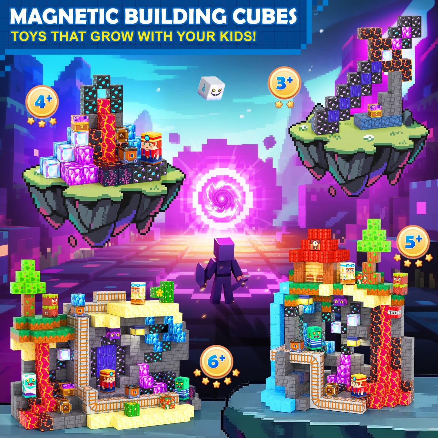 Coodoo Upgraded 200 PCS Magnetic Blocks 3 Worlds in 1 Stem Toys for 3-5 Year Olds Educational Learning Toys