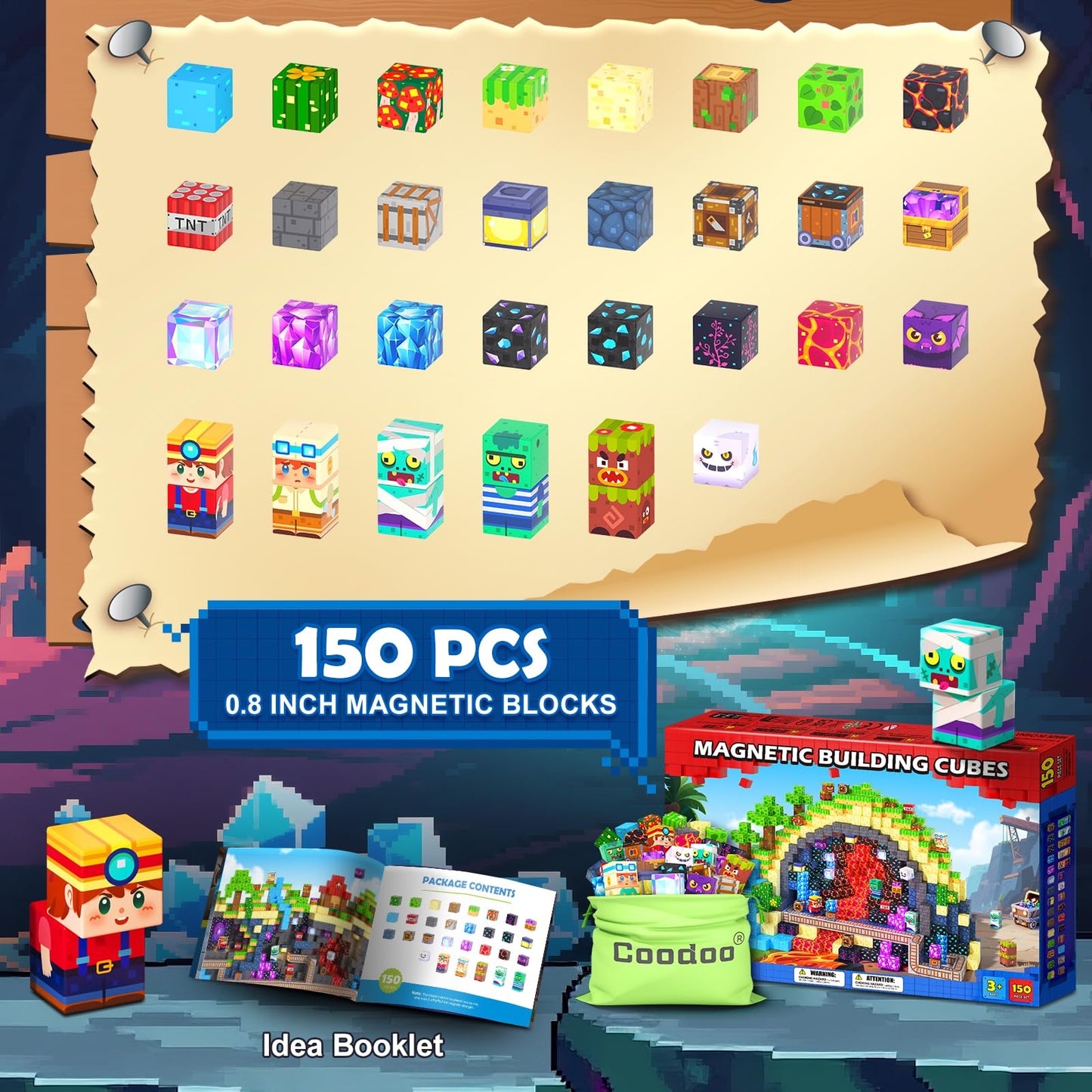 Coodoo 150PCS Magnetic Blocks Rainforest Mine Adventure Building Toys Stem Learning Blocks Gifts for Kids