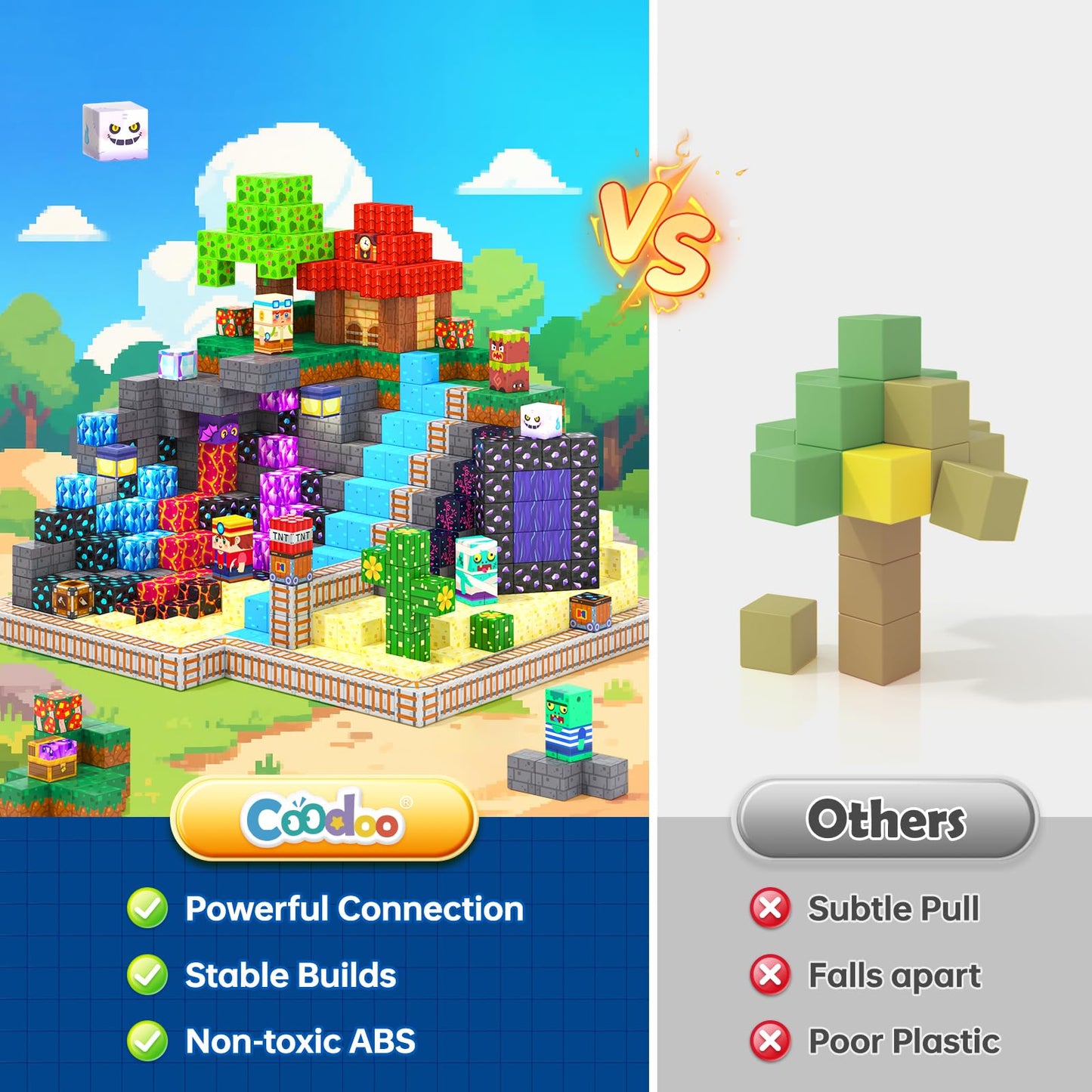 Coodoo Upgraded 200 PCS Magnetic Blocks 3 Worlds in 1 Stem Toys for 3-5 Year Olds Educational Learning Toys