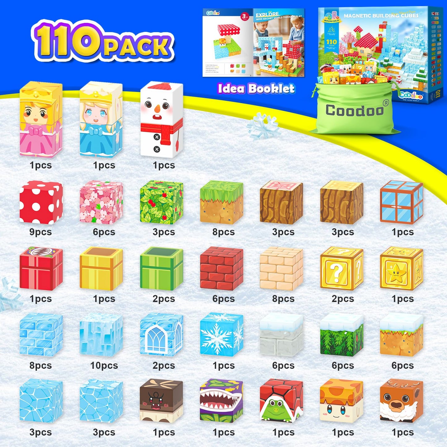 Coodoo 110 PCS Magnetic Blocks Games & Frozen Set valentines gifts for kids Montessori Stem Construction Toys