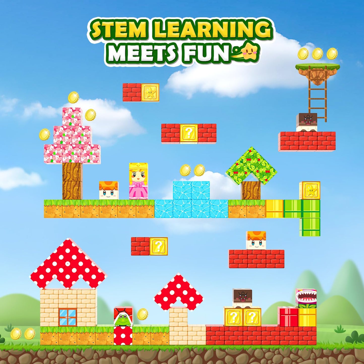 Coodoo 72 PCS Magnetic Blocks Magic Teleport Pipes Set Montessori Stem Outdoor Toys for Boys